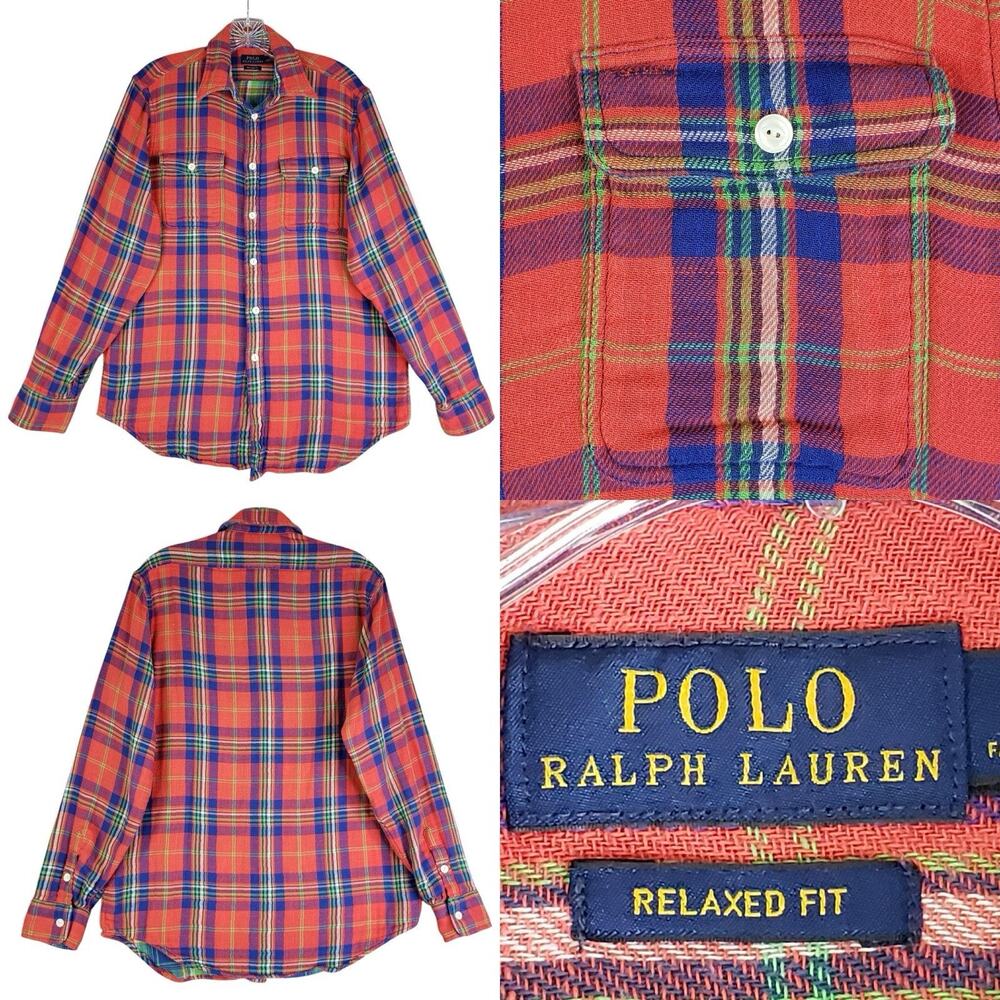 Polo Ralph Lauren Shirt Mens Size Large Orange Plaid Button Down Double Lined